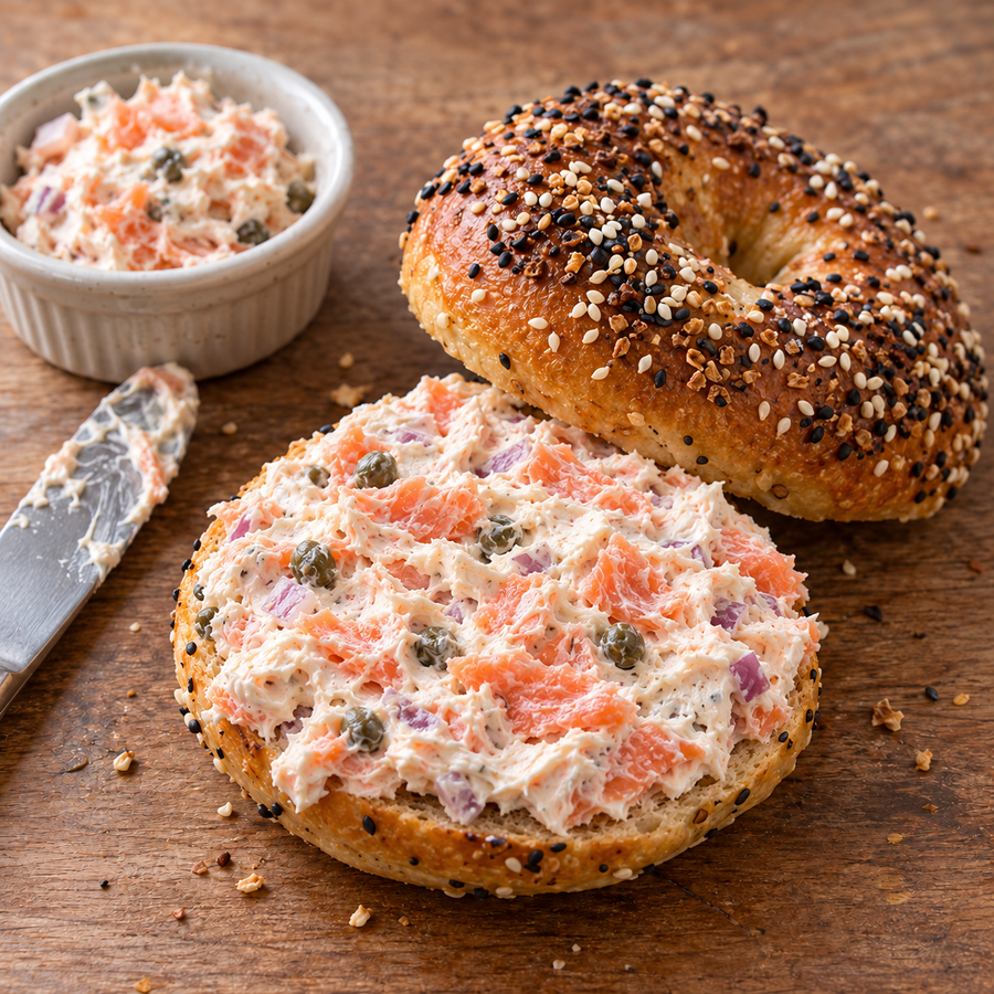 Everything bagel generously spread with The Works smoked salmon, onion and caper cream cheese